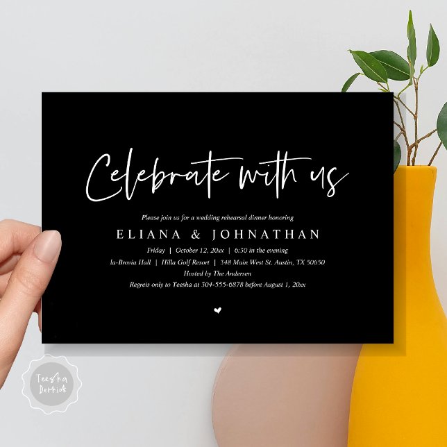 Celebrate with us, Wedding Rehearsal Dinner Invitation (Celebrate with us, Wedding Rehearsal Dinner Party Invitation Card, PDF, Modern Casual, in Black)
