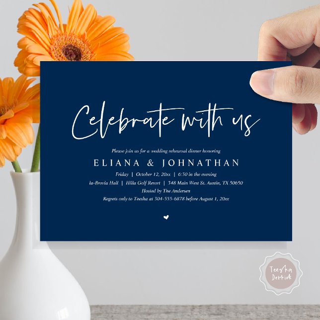 Celebrate with us, Wedding Rehearsal Dinner Invitation (Celebrate with us, Wedding Rehearsal Dinner Invitation Card, PDF, Modern Casual, in Navy Blue)