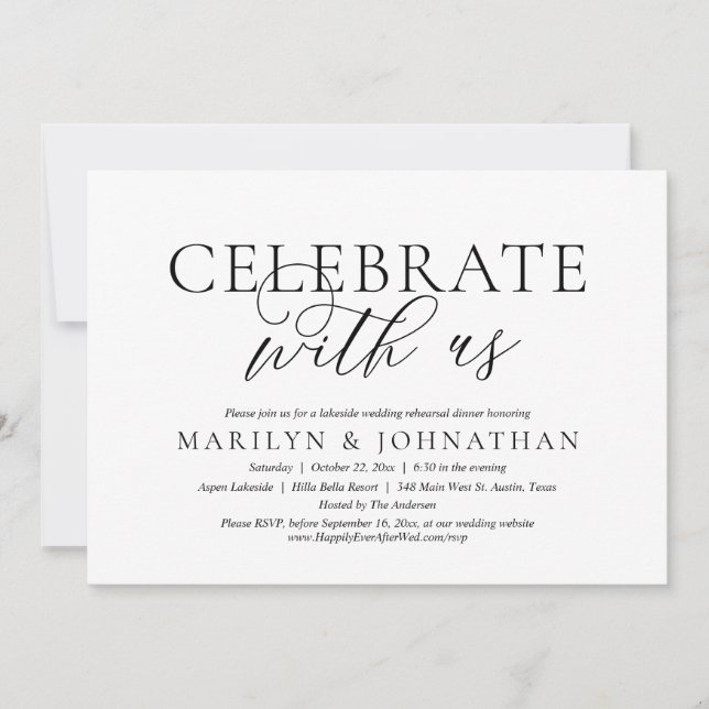 Celebrate With Us, Wedding Rehearsal Dinner Party Invitation (Front)
