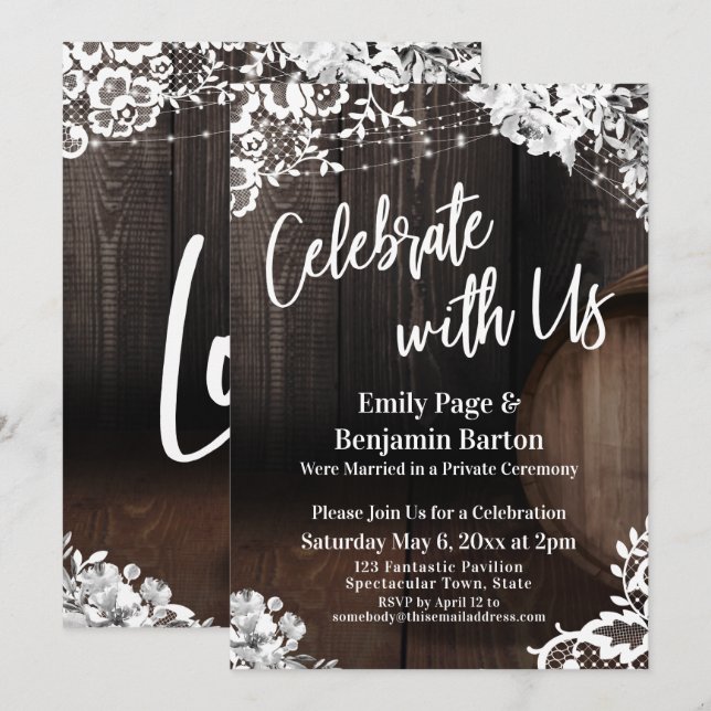 Celebrate with Us Wood Barrel Lace Lights Flowers Invitation (Front/Back)