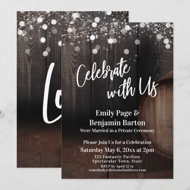 Celebrate with Us Wood Wine Barrel and Lights Invitation (Front/Back)