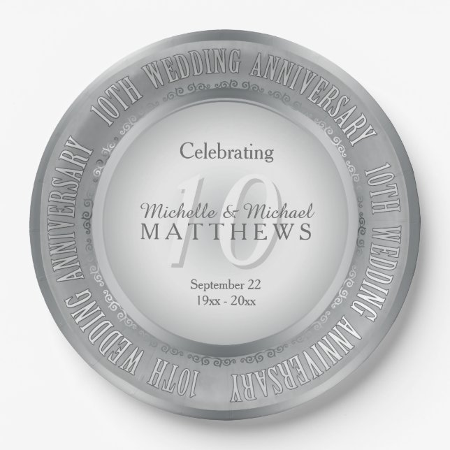 Celebrating 10th Wedding Anniversary Paper Plates (Front)