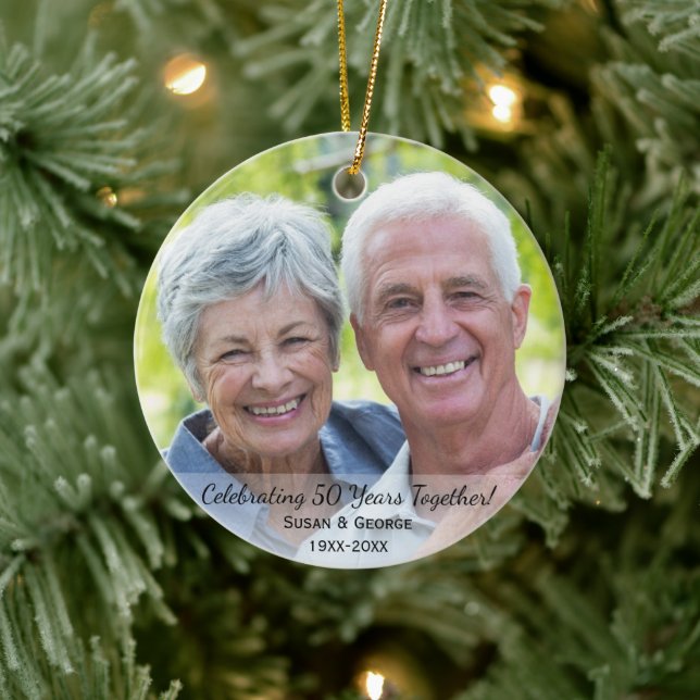 Celebrating 50th Wedding Anniversary Simple Photo Ceramic Ornament (Tree)