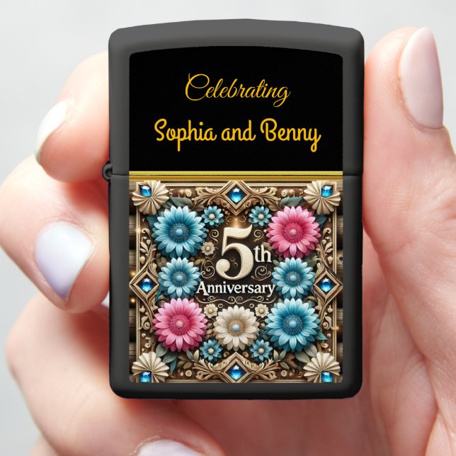 Celebrating 5th Anniversary With Vibrant Blooms Zippo Lighter (In Hand)