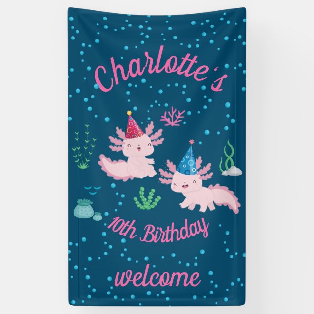 Celebrating a Cute and Happy Axolotl Birthday Banner (Vertical)