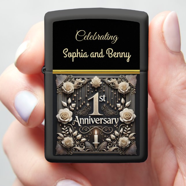 Celebrating a Heartfelt First Anniversary Moment Zippo Lighter (In Hand)