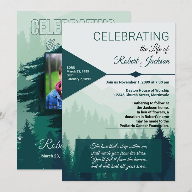 Celebrating a Life Green Forest Pines Service Invitation (Front/Back)