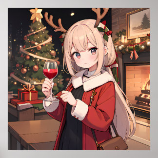 Celebrating Christmas with a glass of wine Poster