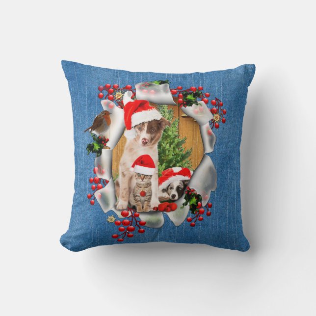 Celebrating Christmas with pet-lovers Throw Pillow (Front)