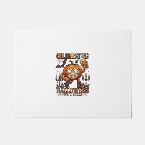 Celebrating Halloween Beer Skull Pumpkin Bat Candl Doormat
