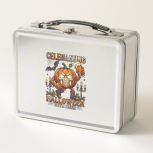 Celebrating Halloween Beer Skull Pumpkin Bat Candl Metal Lunch Box