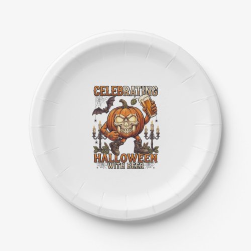 Celebrating Halloween Beer Skull Pumpkin Bat Candl Paper Plates