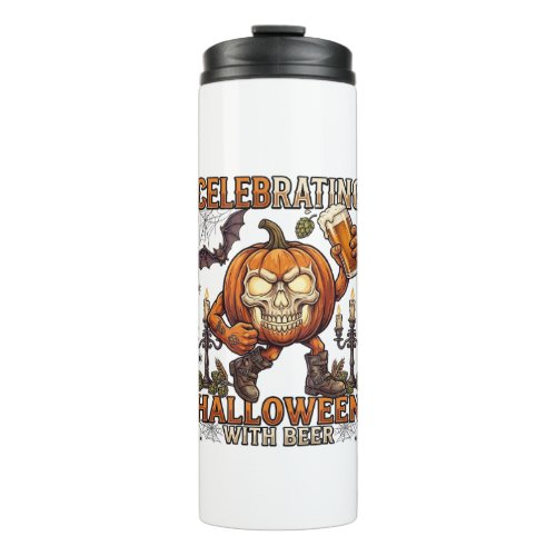 Celebrating Halloween Beer Skull Pumpkin Bat Candl Thermal Tumbler
