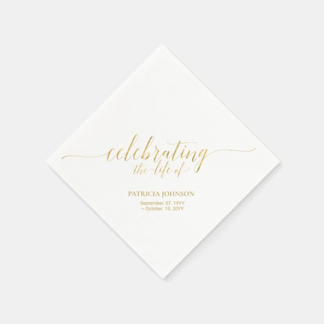 Celebrating Life | Elegant Gold Script Memorial Napkins (Corner)
