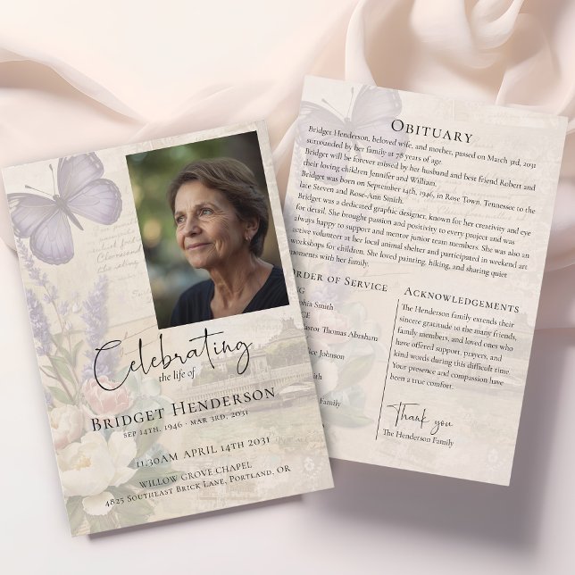 Celebrating Life Lavander Butterfly Photo Funeral Program (Creator Uploaded)