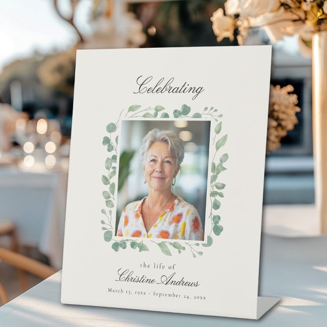 "Celebrating Life of" Photo Funeral Memorial  Pedestal Sign ("Celebrating Life of" Photo Eucalyptus Design Funeral Memorial Beige Pedestal Sign)