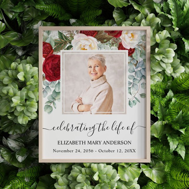 Celebrating Life Photo Red White Roses Memorial Print (Red and white rose eucalyptus watercolor celebration of life photo funeral poster.)
