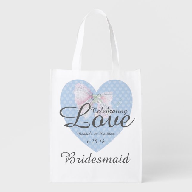 Celebrating Love Romantic Blue Heart Bridesmaid Grocery Bag (Front)