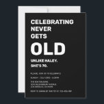 Celebrating Never Gets Old Funny 70th Birthday Invitation<br><div class="desc">Get ready to laugh! This hilarious 70th birthday invitation features a witty and relatable message: "Celebrating never gets old, unlike X, she's 70." It's the perfect way to invite friends and family to a fun-filled celebration while poking a little friendly fun at the birthday girl (or boy!). Disclaimer: This invitation...</div>