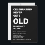 Celebrating Never Gets Old Funny 80th Birthday Invitation<br><div class="desc">Get ready to laugh! This hilarious 80th birthday invitation features a witty and relatable message: "Celebrating never gets old, unlike X, she's 80." It's the perfect way to invite friends and family to a fun-filled celebration while poking a little friendly fun at the birthday girl (or boy!). Disclaimer: This invitation...</div>