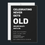 Celebrating Never Gets Old Funny 80th Birthday Invitation<br><div class="desc">Get ready to laugh! This hilarious 80th birthday invitation features a witty and relatable message: "Celebrating never gets old, unlike X, she's 80." It's the perfect way to invite friends and family to a fun-filled celebration while poking a little friendly fun at the birthday girl (or boy!). Disclaimer: This invitation...</div>