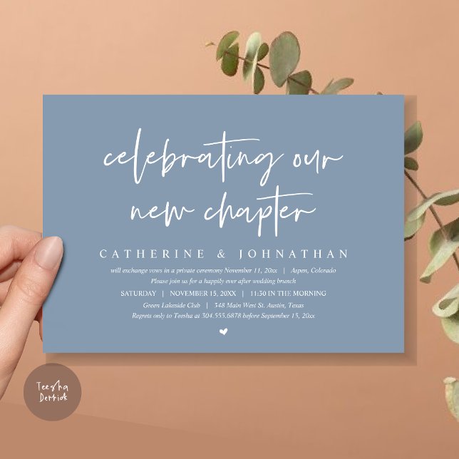 Celebrating Our New Chapter, Elopement Brunch Invitation (Celebrating Our New Chapter, Wedding Elopement Brunch Invitation Card, PDF, in Dusty Blue)
