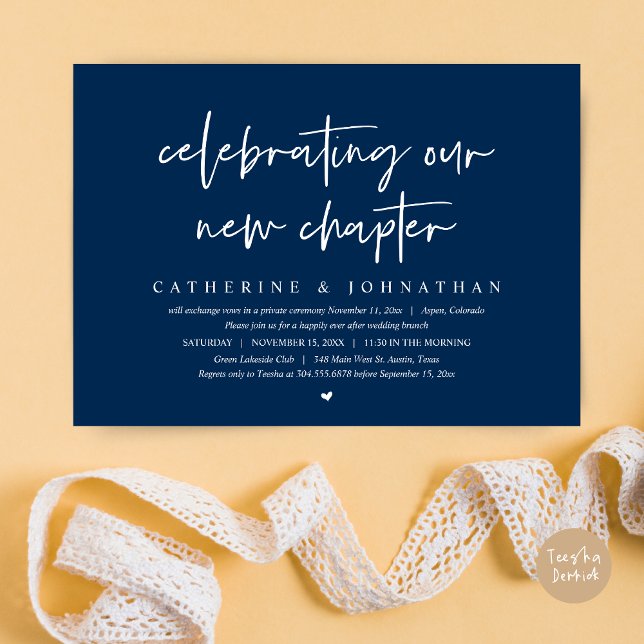 Celebrating Our New Chapter, Elopement Brunch Invitation (Celebrating Our New Chapter, Wedding Elopement Brunch Invitation Card, PDF, in Navy Blue)