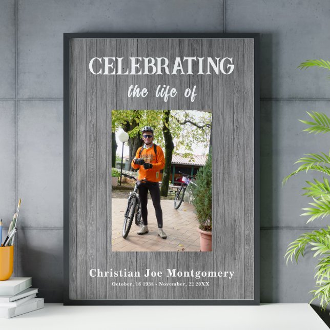 Celebrating the life  Photo Grey Wood Funeral Poster (Creator Uploaded)