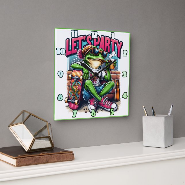 Celebrating with a cool frog on a skateboard square wall clock (Office)