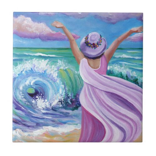 Celebrating Woman on the Beach Ceramic Tile