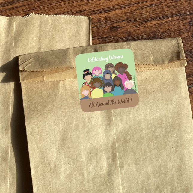 Celebrating Women All Around The World Stickers (Celebrating women all around the world green and brown square sticker . )