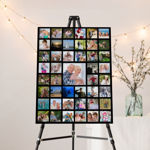 Celebration 45 Photo Collage Foam Board - Easily create a photo memory display with this easy-to-upload template for a 45 photo collage for any occasion or event. Personalize with your custom text as an overlay on the center large photo. PHOTO TIP:  For fastest/best results, choose a photo with the subject in the middle and/or pre-crop it in a square shape BEFORE uploading and use the CHANGE tab in the PERSONALIZE section. CHANGES:  Change the background color, select a styled graphics background or change the text font style, color, size and placement by clicking on CUSTOMIZE FURTHER in the PERSONALIZE section and change the board size dimensions on the ordering page. Contact the designer via Zazzle Chat or makeitaboutyoustore@gmail.com if you'd like this design modified, on another product or would like coordinating items.