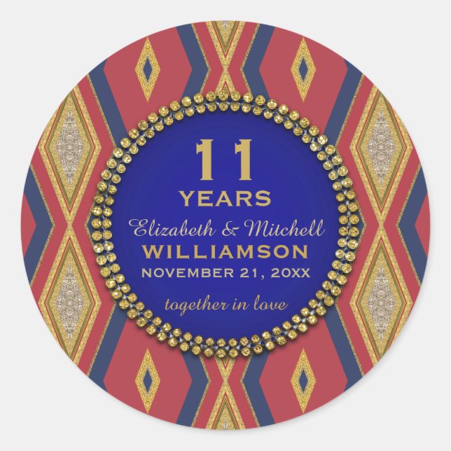 Celebration Anniversary Red Gold Blue Harlequin Classic Round Sticker (Front)