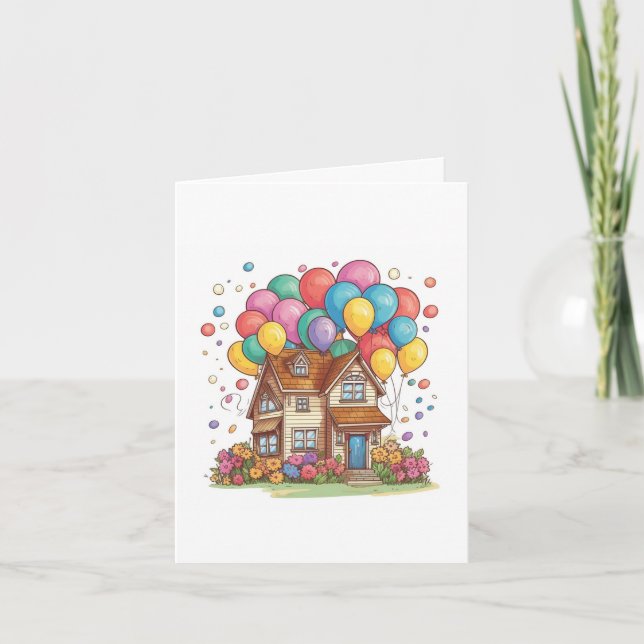 Celebration Balloons and House Blank Note Card (Front)