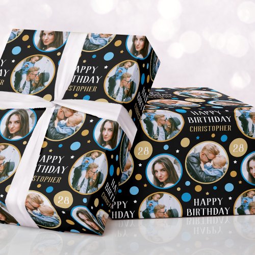 Celebration Birthday Custom Photo Blue Wrapping Paper