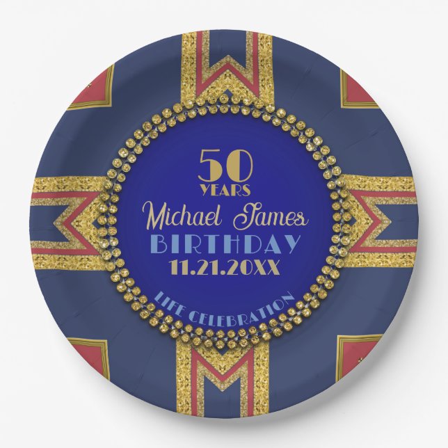 Celebration Birthday Party Patriot Red Gold Blue Paper Plates (Front)