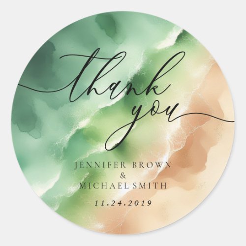 Celebration Branding Green Beach Ocean Thank You Classic Round Sticker