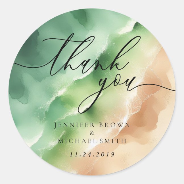 Celebration Branding Green Beach Ocean Thank You Classic Round Sticker
