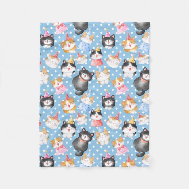 Celebration Cats on Blue Polka Dots Fleece Blanket (Front)