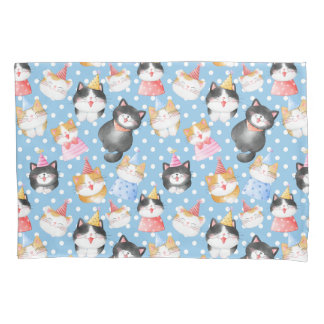 Celebration Cats on Blue Polka Dots Pillow Case