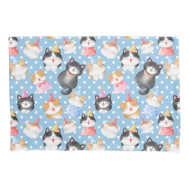 Celebration Cats on Blue Polka Dots Pillow Case (Front)