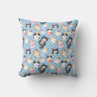 Celebration Cats on Blue Polka Dots Throw Pillow