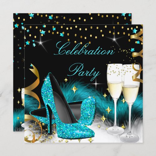 Celebration Champagne Party Teal Blue High Heels Invitation