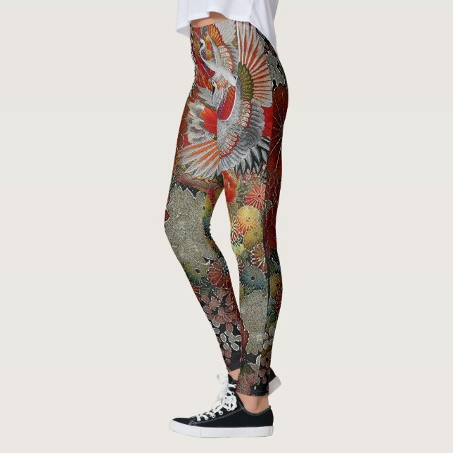 Celebration Crane Floral Silk Leggings (Left)