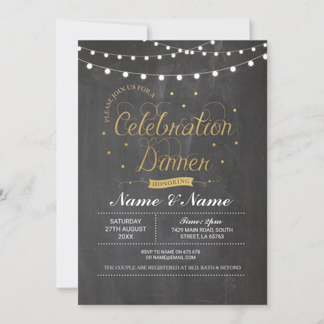 Celebration Dinner Chalk Gold Party Lights Invitation (Front)