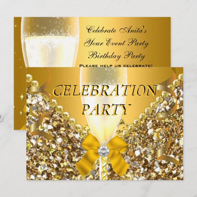 CELEBRATION Glitter Gold Silver Champagne Party Invitation (Front/Back)