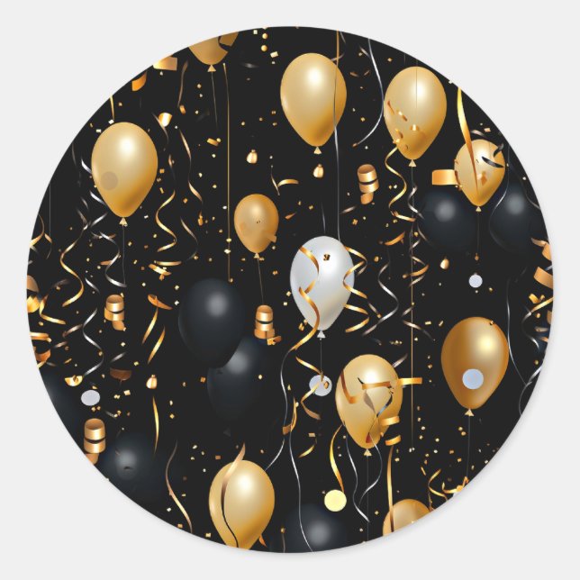 Celebration Gold and Midnight Black Balloons Classic Round Sticker (Front)