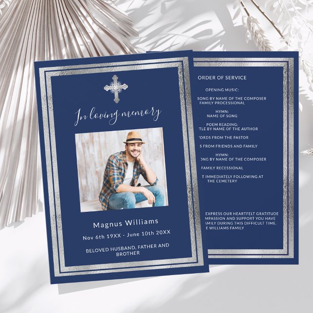 Celebration life funeral blue silver photo program (Creator Uploaded)