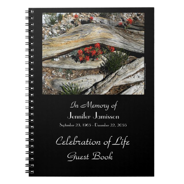 Celebration Life Guest Book, Red Flowers Wood Notebook (Front)