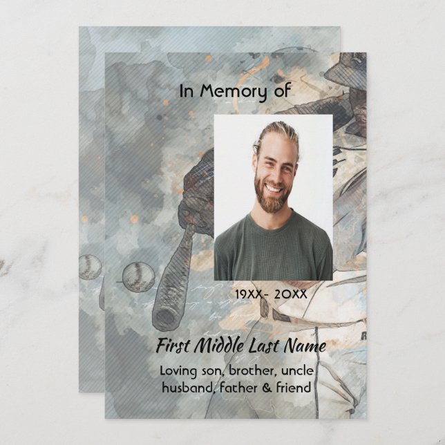 Celebration Life Service Memorial Baseball Player Invitation (Front/Back)